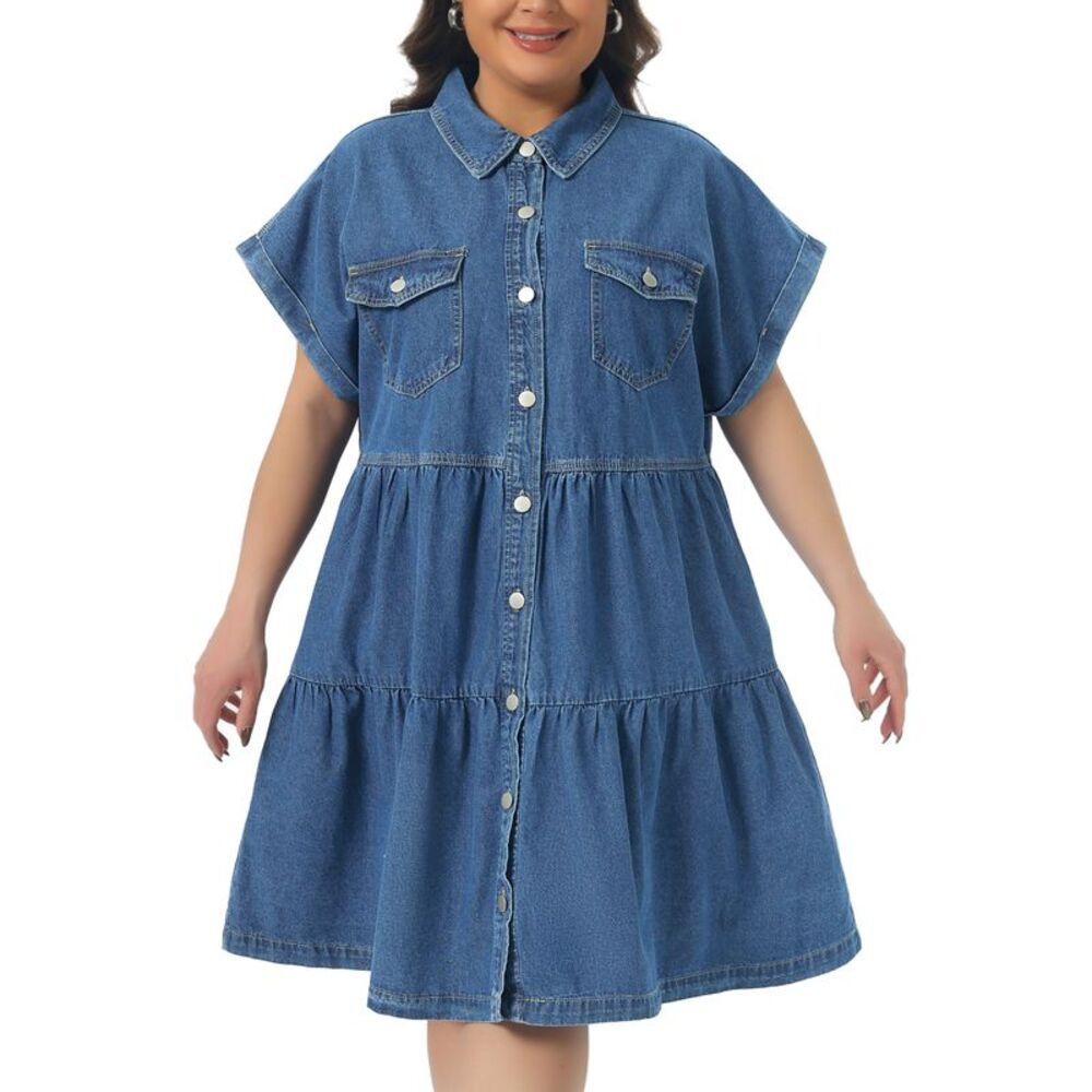 Women Plus Size Button Down Tiered Denim Babydoll Dress Blue